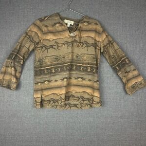 Cabela's Brown Horse Print Western Aztec Top Medium Long Sleeve‎